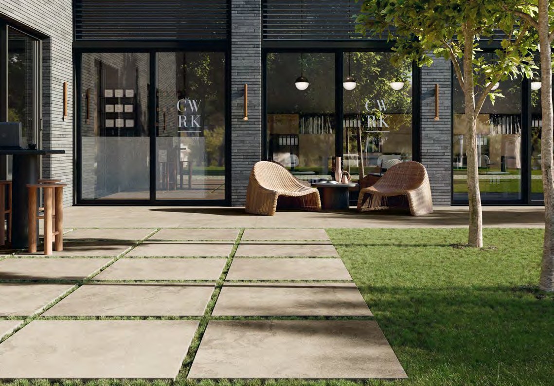 Coem Versatile Stone Beige gresX2 20mm outdoor porcelain paving, laid installation