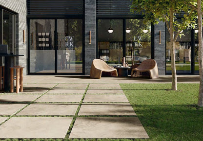 Coem Versatile Stone Beige gresX2 20mm outdoor porcelain paving, laid installation